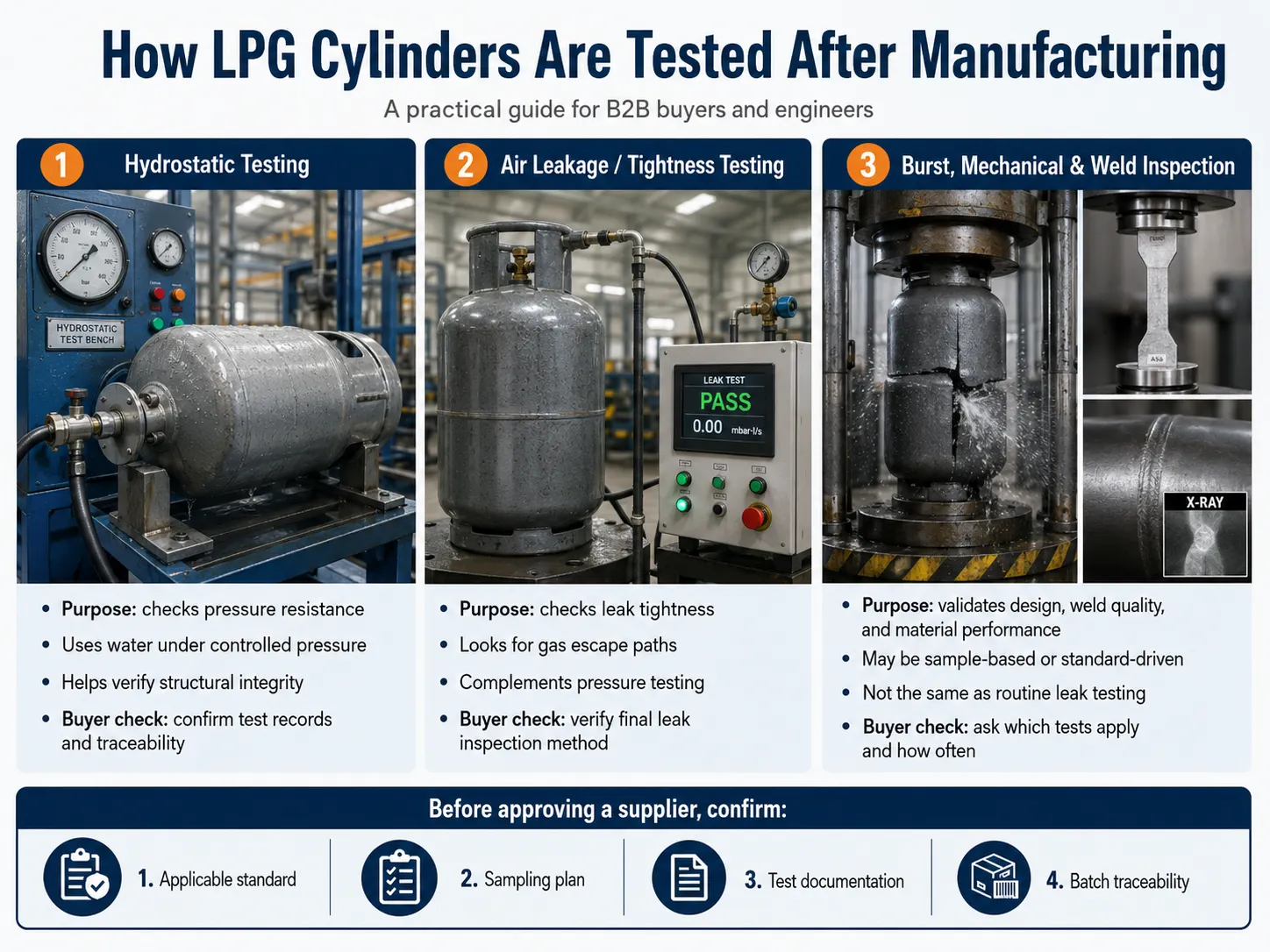 LPG cylinder hydrostatic testing, air leakage testing, burst testing and weld inspection after manufacturing