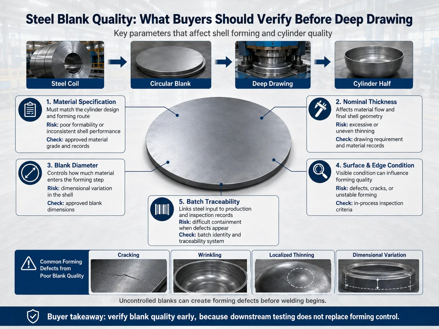 LPG cylinder steel blank quality infographic showing material specification, thickness, blank diameter, surface condition and batch traceability before deep drawing