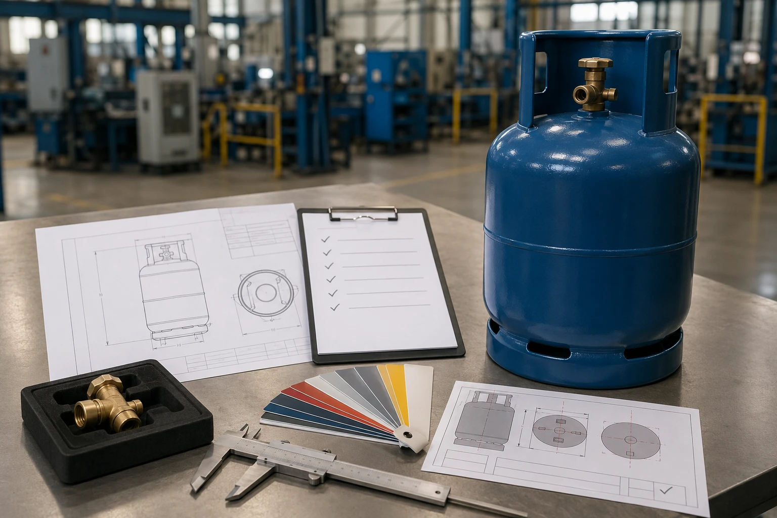 OEM LPG cylinder sample approval with technical drawings, valve sample, coating colors, marking layout, and specification checklist