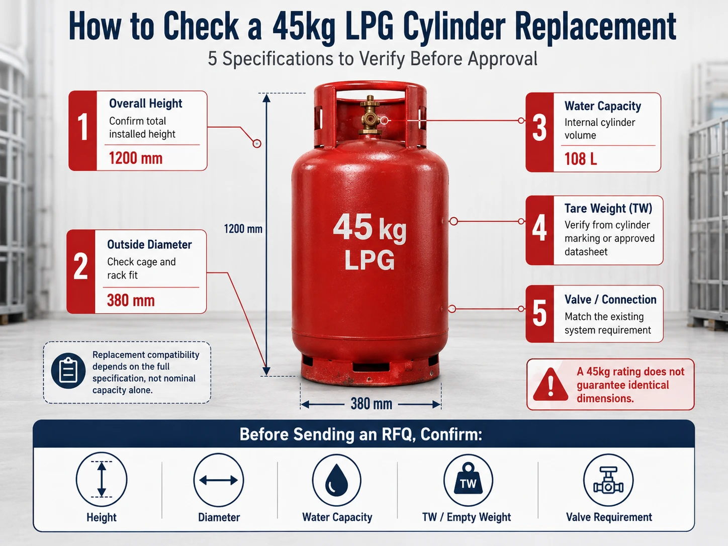 45kg LPG cylinder replacement guide showing height, diameter, 108 L water capacity, tare weight and valve checks for B2B buyers