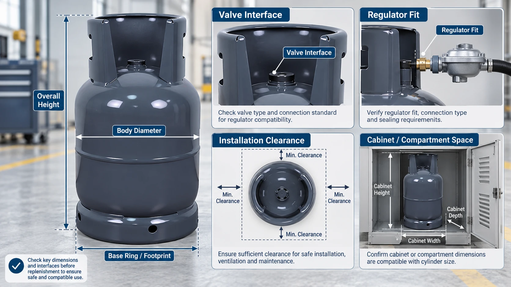 LPG cylinder compatibility checklist showing dimensions, valve interface, regulator fit, and installation clearance requirements for industrial gas cylinder replacement