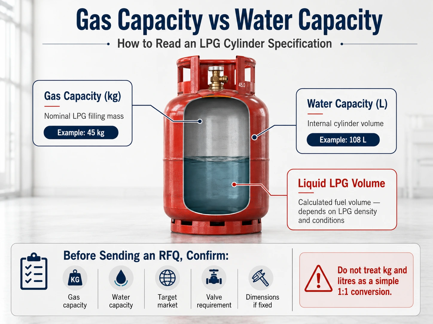 LPG cylinder gas capacity vs water capacity diagram showing 45 kg gas capacity, 108 L water capacity, liquid LPG volume and B2B RFQ checks