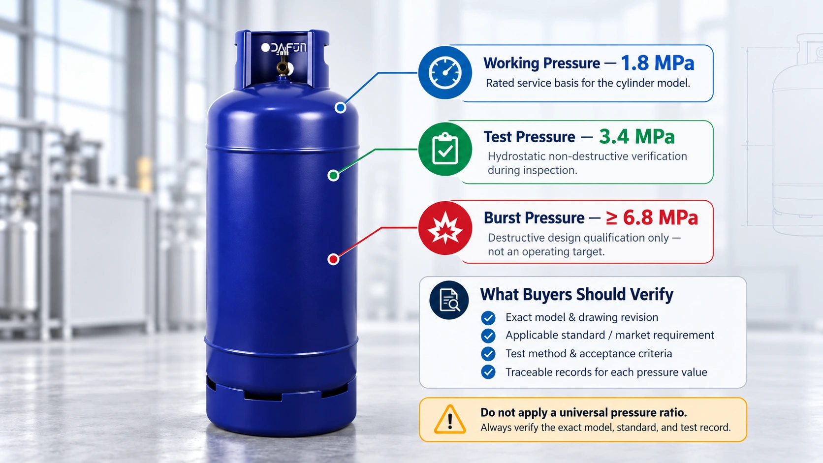 LPG cylinder pressure specification infographic showing working pressure, test pressure, and burst pressure requirements for procurement quality verification