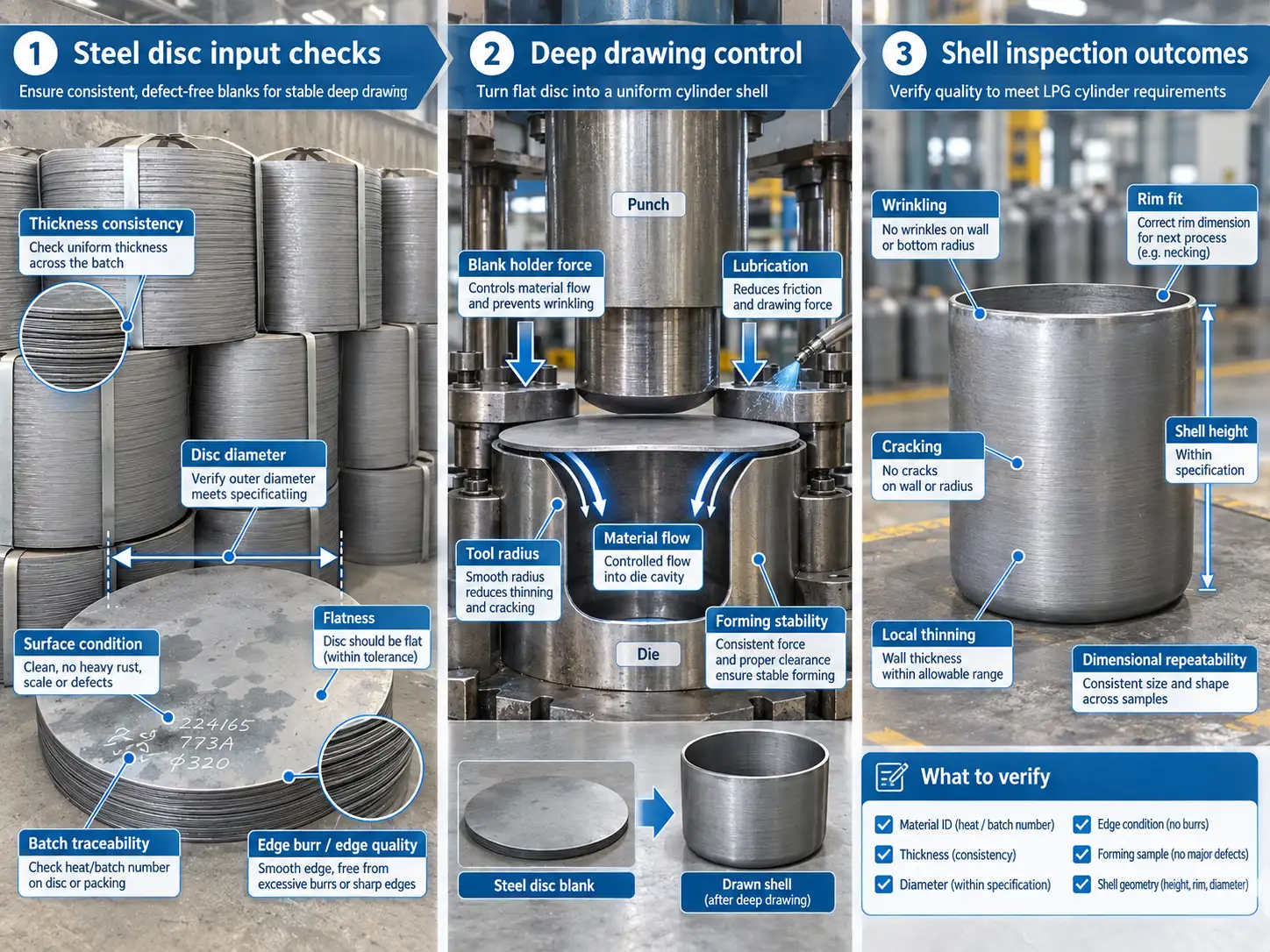 LPG cylinder steel disc quality checks, deep drawing controls, and shell inspection points for thickness, diameter, edge condition, wrinkling, cracking, and thinning