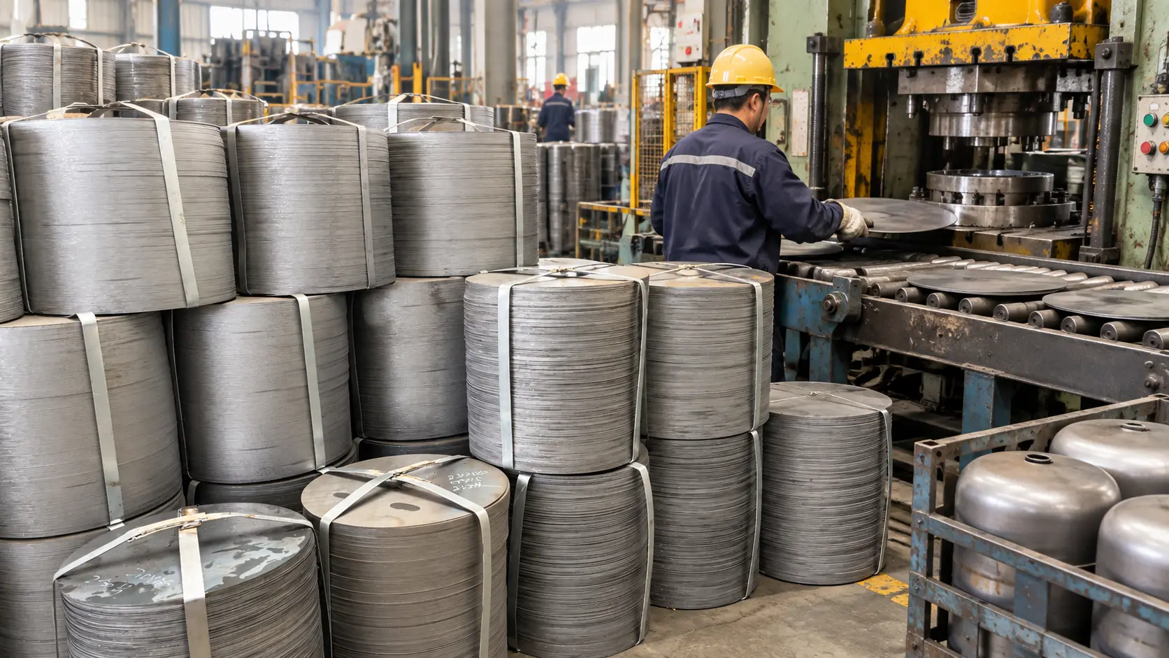 LPG cylinder steel discs in an industrial forming workflow