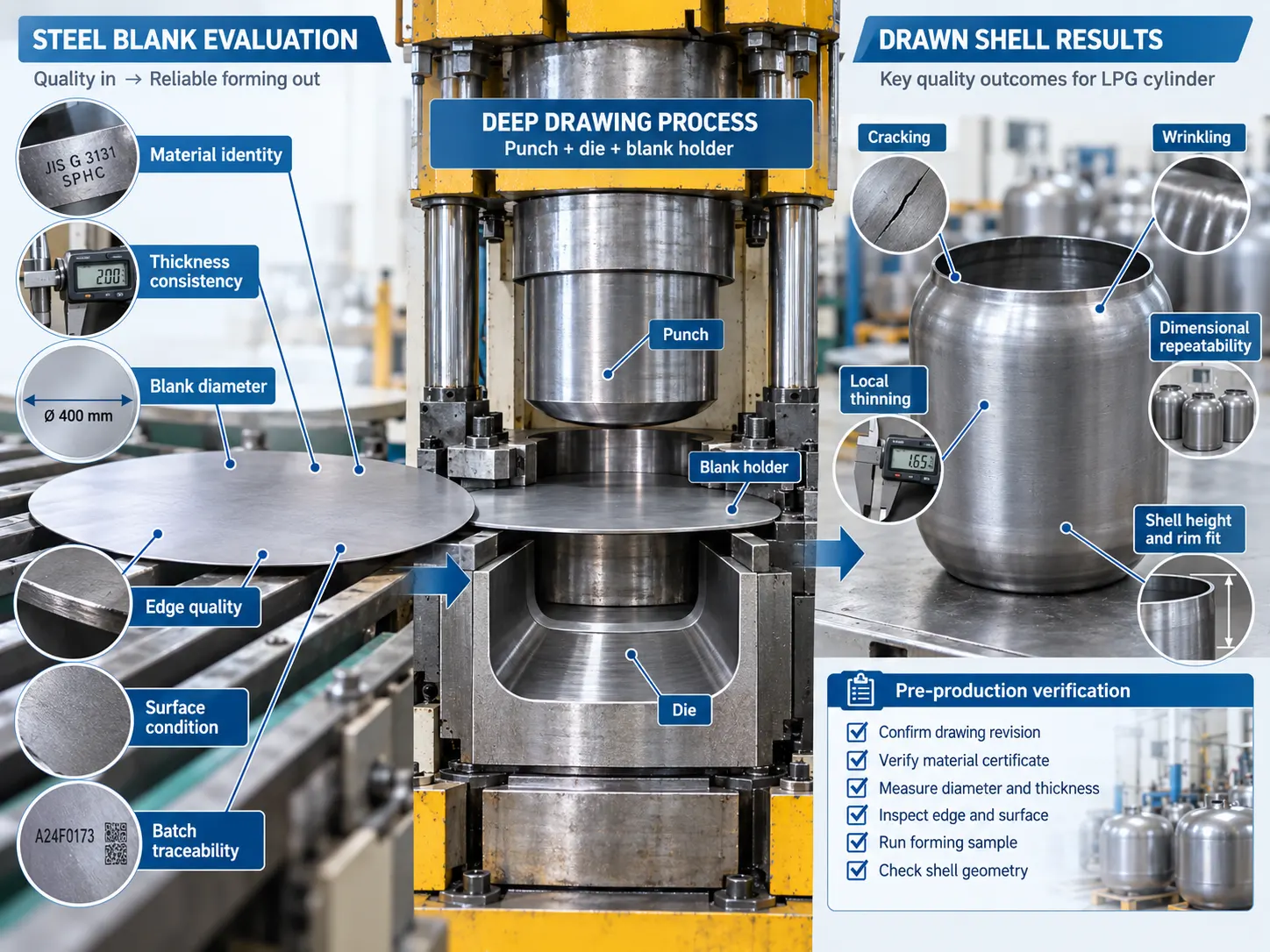 Steel blank evaluation for LPG cylinder deep drawing, showing material, thickness, diameter, edge and surface checks, press tooling, and shell defects
